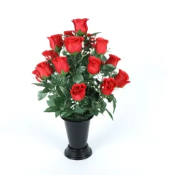 Arche Diffusion Fleurs Et Plantes Artificielles | - Fleurs artificielles - bouquet funéraire rouge avec vase D.28 H.46cm