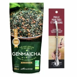 Aromandise - Thé vert bio et riz complet genmaicha 100 g + paille inox avec filtre Sale