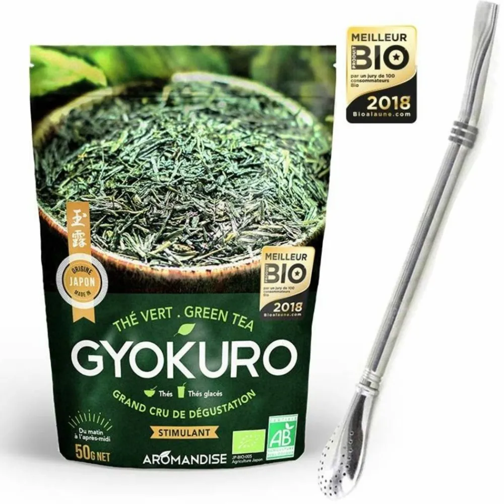 Aromandise Épicerie Gourmande | - Thé vert gyokuro 50 g + paille inox avec filtre