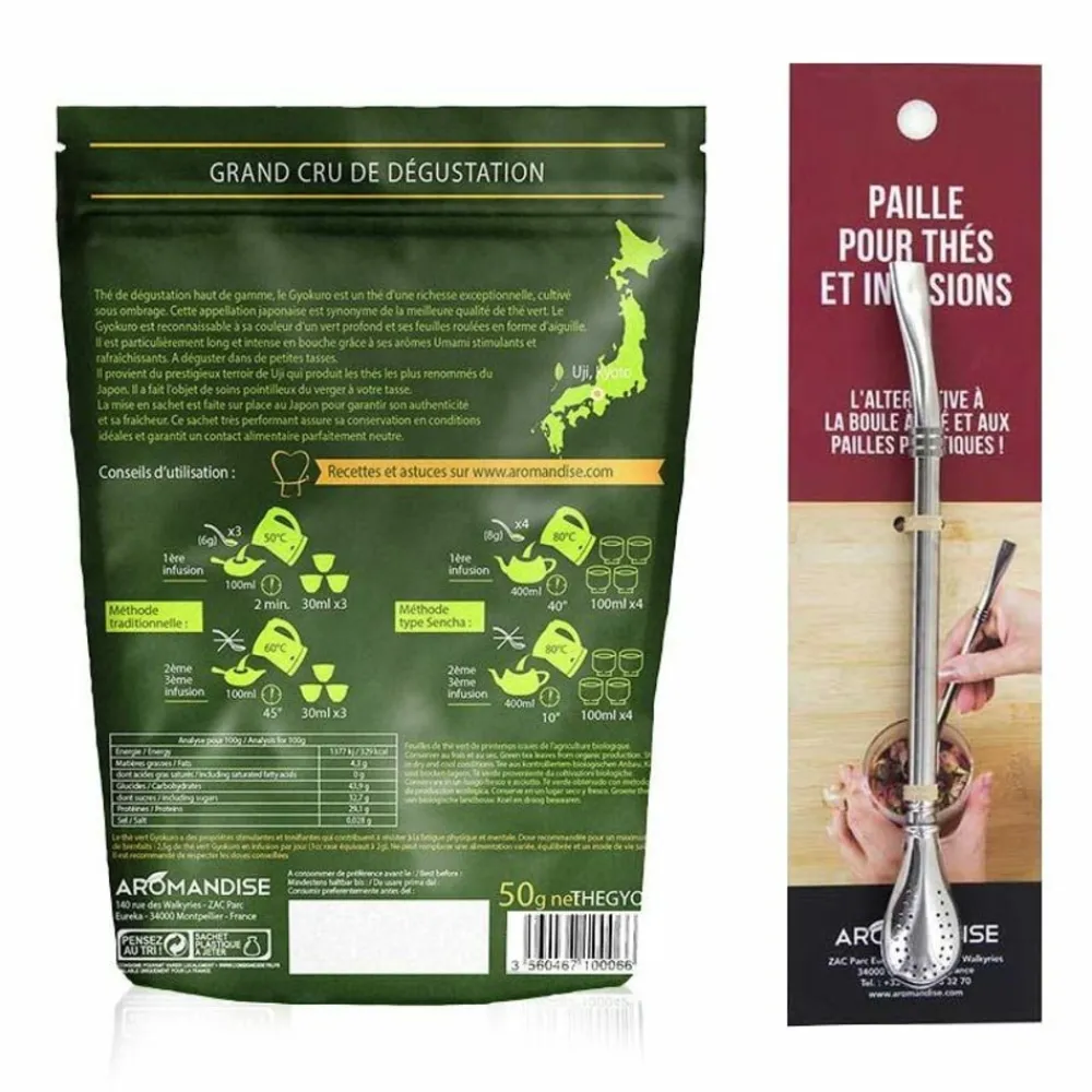 Aromandise Épicerie Gourmande | - Thé vert gyokuro 50 g + paille inox avec filtre