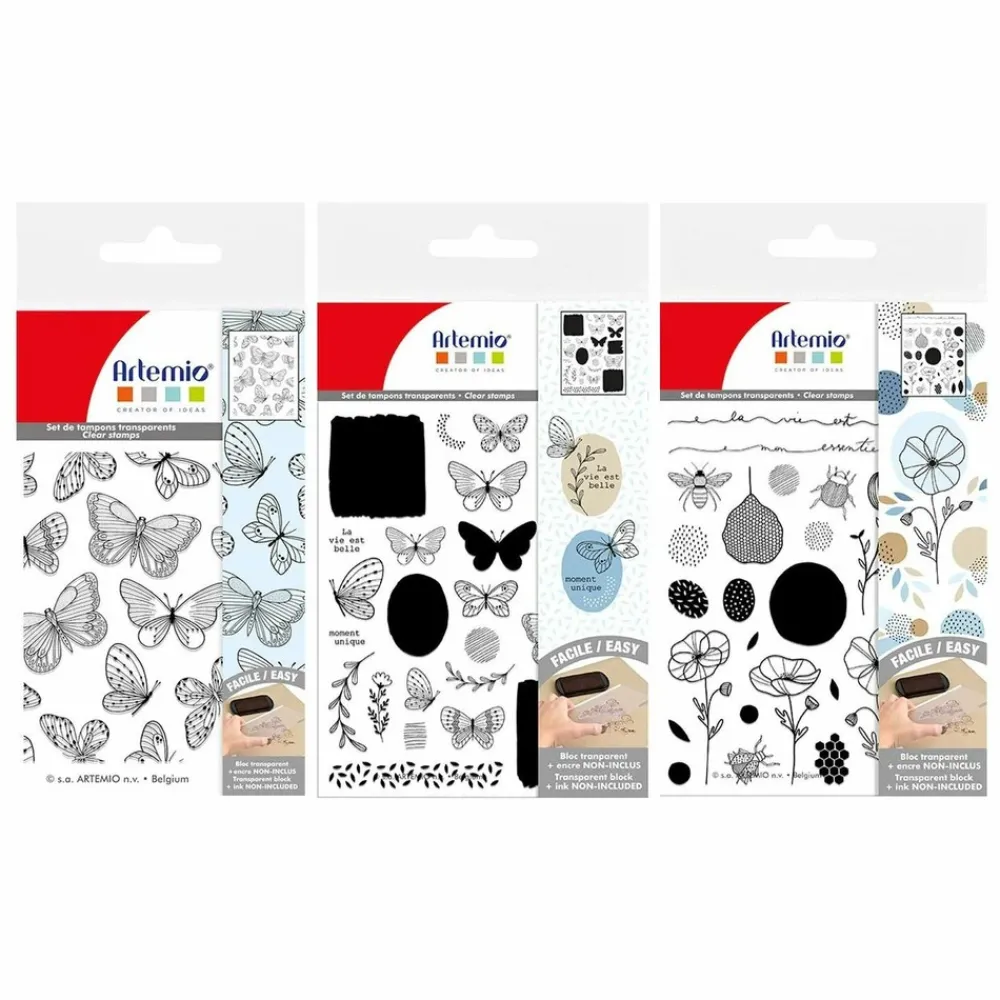 Artemio - 3 tampons transparents - plantes & papillons