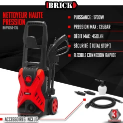 Brick Broyeurs, Nettoyeurs Et Souffleurs | - Nettoyeur haute pression 1700w - 135 bars sur roues - buse turbo et buse rotativ