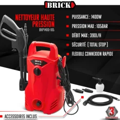 Brick Broyeurs, Nettoyeurs Et Souffleurs | - Nettoyeur haute pression 1400w - 105 bars - buse turbo et buse rotative -