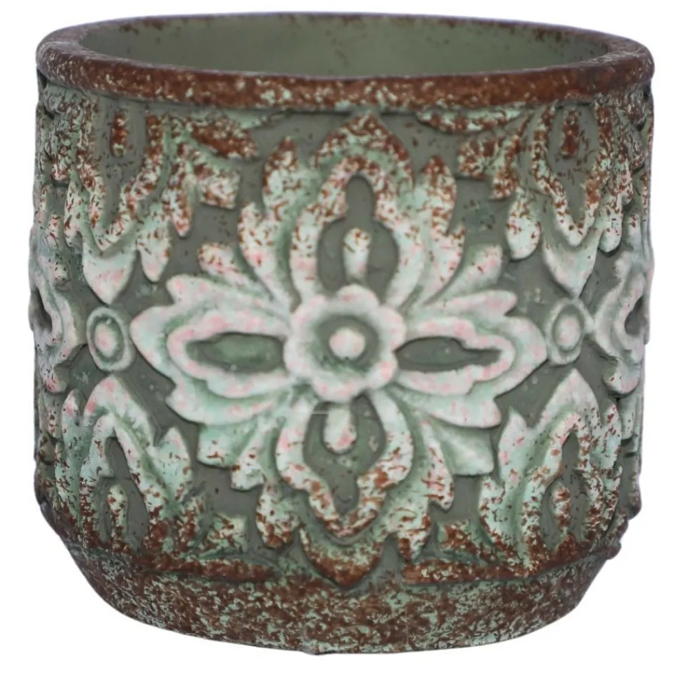 Chemin De Campagne - Cache-pot rond en ciment vieilli vert/rose ø.14 x ht.13 cm Outlet