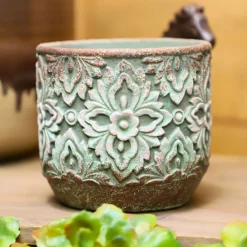 Chemin De Campagne - Cache-pot rond en ciment vieilli vert/rose ø.14 x ht.13 cm Outlet
