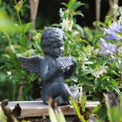 Chemin De Campagne Objets De Décoration | - Statuette statue sculpture jardin ange flûte béton gris 24.5cm