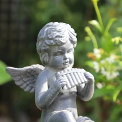 Chemin De Campagne Objets De Décoration | - Statuette statue sculpture jardin ange flûte béton gris 24.5cm
