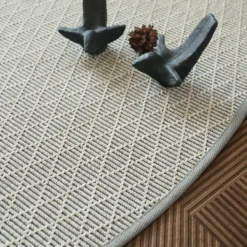 Décoweb DÉCOWEB - Tapis rond intérieur / extérieur - timika blanc craie - galon gris - ø 120 cm Clearance