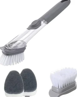 Downypaws - Brosse de nettoyage de cuisine 2 en 1 à long manche : avec distributeur d'éponge et brosse à vaisselle New