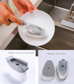 Downypaws - Brosse de nettoyage de cuisine 2 en 1 à long manche : avec distributeur d'éponge et brosse à vaisselle New