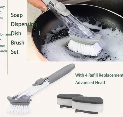 Downypaws - Brosse de nettoyage de cuisine 2 en 1 à long manche : avec distributeur d'éponge et brosse à vaisselle New