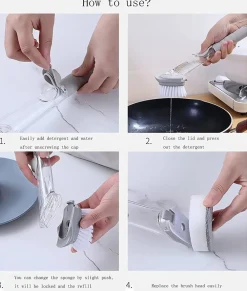 Downypaws - Brosse de nettoyage de cuisine 2 en 1 à long manche : avec distributeur d'éponge et brosse à vaisselle New