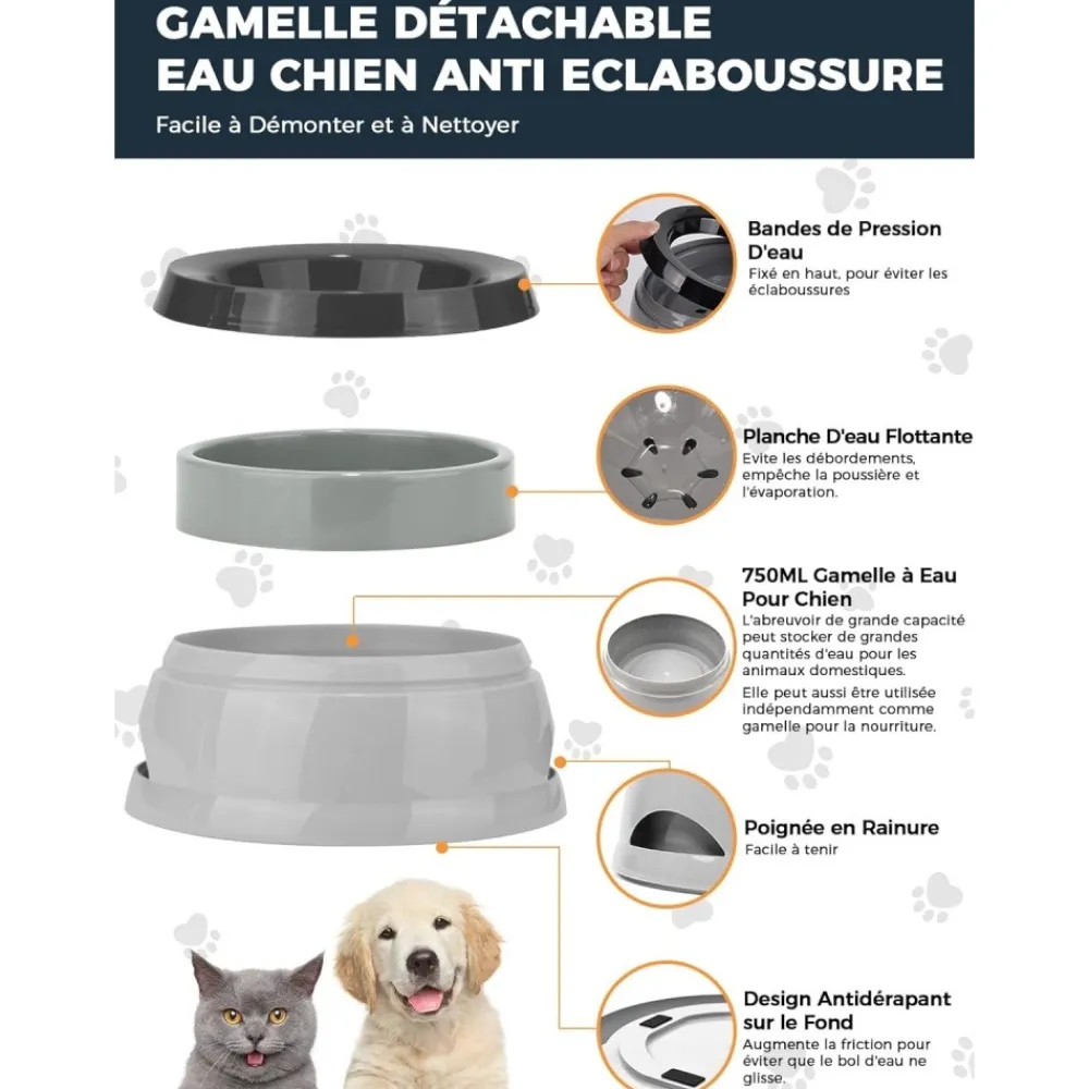 Downypaws Gamelles Et Autres Accessoires | - Gamelle pour chien-gamelle d'eau anti-débordement-en voiture-gris-15.3x18.9x8cm