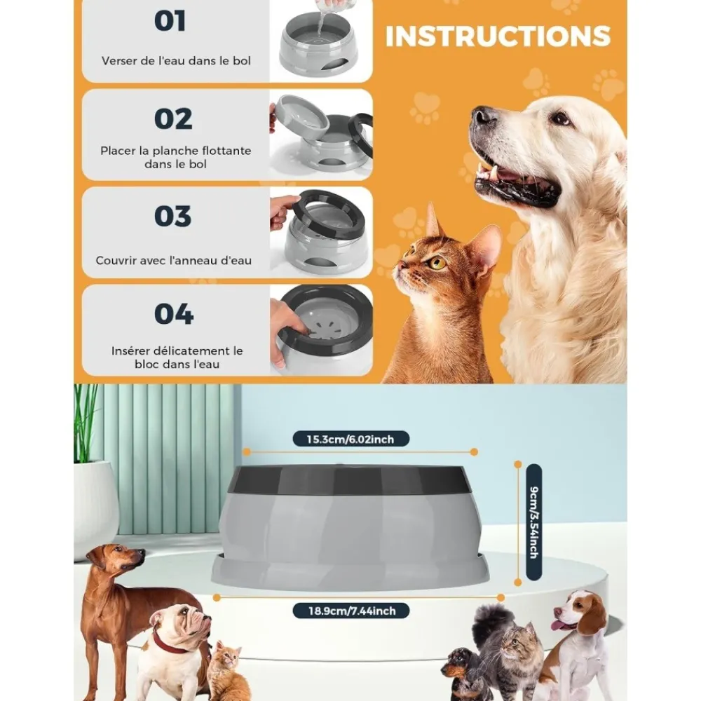 Downypaws Gamelles Et Autres Accessoires | - Gamelle pour chien-gamelle d'eau anti-débordement-en voiture-gris-15.3x18.9x8cm