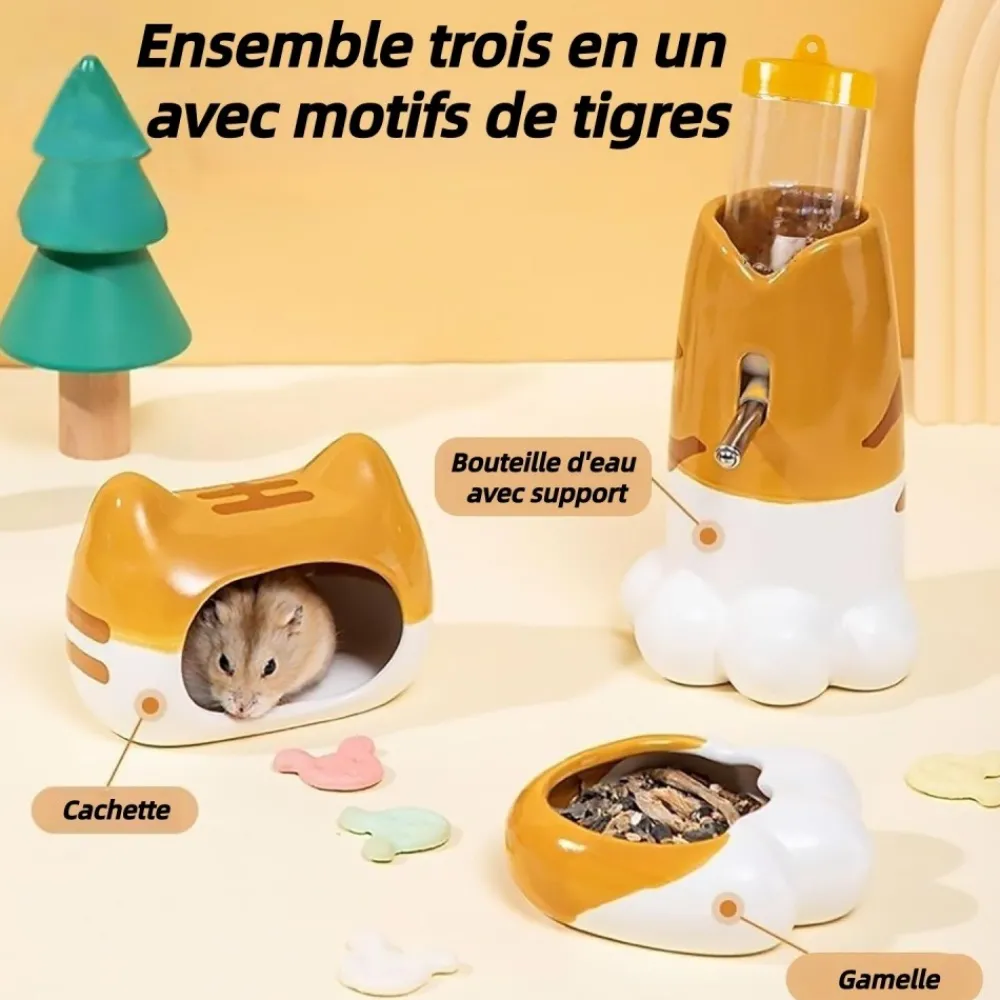 Downypaws - Lot accessoires hamster - abreuvoir céramique, mangeoire, cachette Outlet