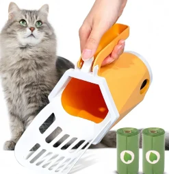 Downypaws - Ramasse - crottes portables pour litière de chat et chien : distribue sacs intégrés avec rouleau sans contact orange taille moyenne Hot