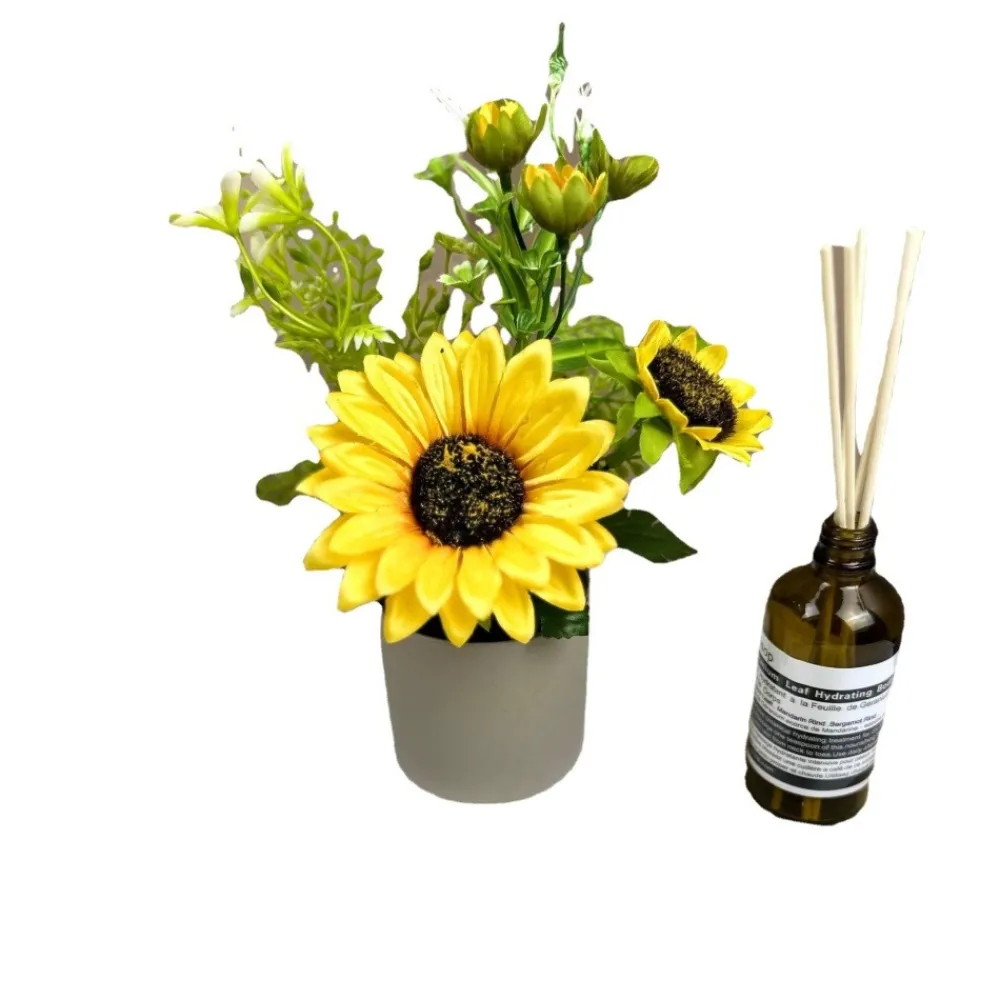Dtopbuyage - Fleurs artificielles de tournesol de haute qualité avec pot gris -