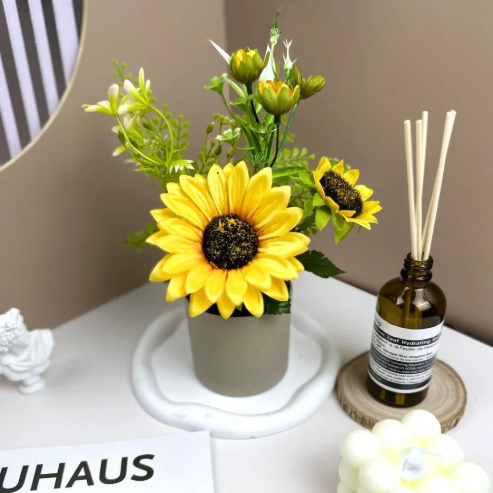 Dtopbuyage - Fleurs artificielles de tournesol de haute qualité avec pot gris -