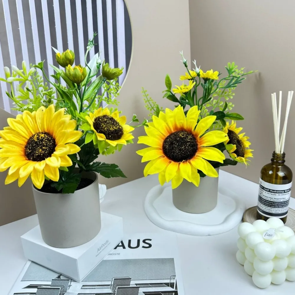 Dtopbuyage - Fleurs artificielles de tournesol de haute qualité avec pot gris -