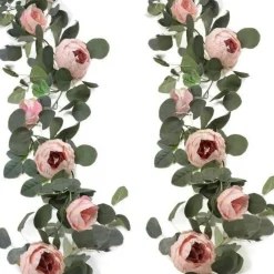 Dtopbuyage - Vigne de fleurs artificielles de pivoine et de feuilles d'eucalyptus pour mariage rose 2 pièces Best