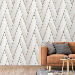 Dutch Wallcoverings - Papier peint geometric blanc et doré Discount