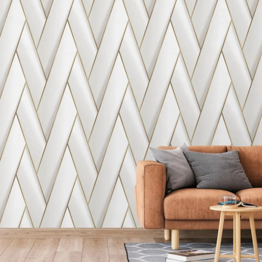 Dutch Wallcoverings - Papier peint geometric blanc et doré Discount