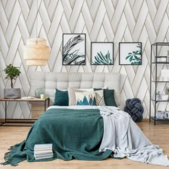 Dutch Wallcoverings - Papier peint geometric blanc et doré Discount