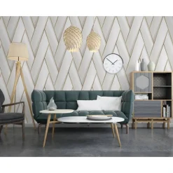 Dutch Wallcoverings - Papier peint geometric blanc et doré Discount
