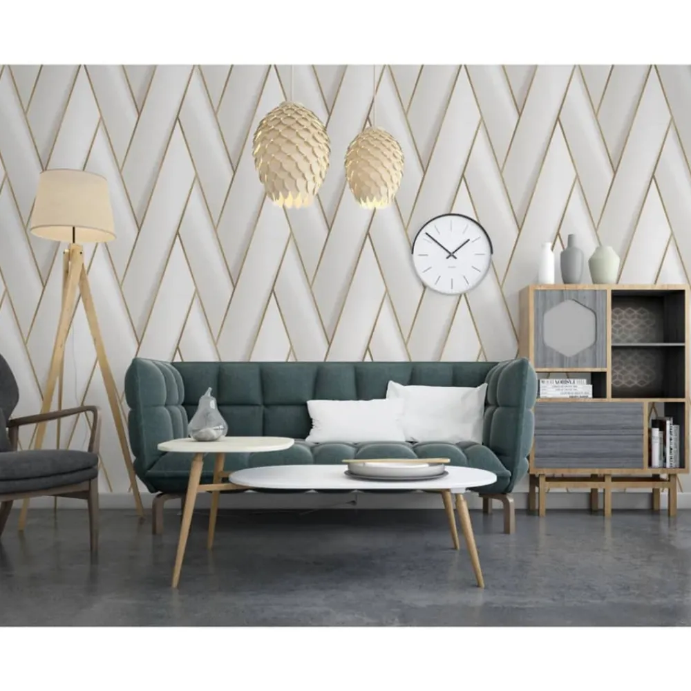 Dutch Wallcoverings - Papier peint geometric blanc et doré Discount
