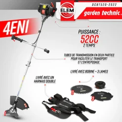 Elem Garden Technic Coupe-Bordures Et Débroussailleuses | - Débroussailleuse thermique 52cc - bobine + 3 lames - elem garden