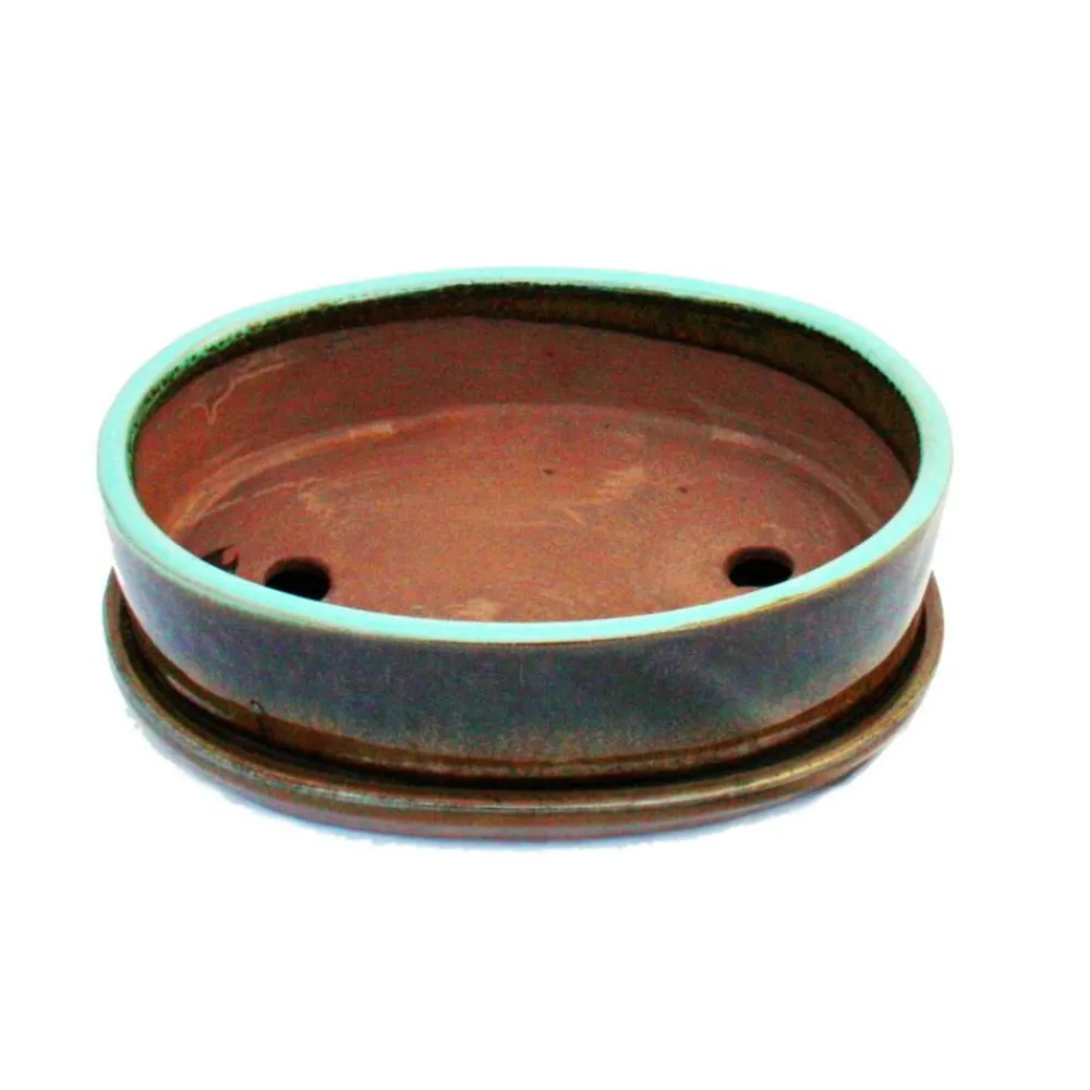 Exotenherz - Bol à bonsaï avec soucoupe gr. 3 - glaçure spéciale avec effet dégradé élégant - ovale o1 - turquoise-marron - l 20,5cm Clearance