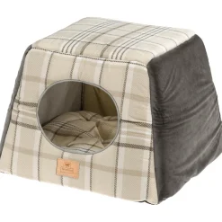 NA Ferplast, maisonnette pour chats d'intérieur edinburgh, couchage avec coussin, lit pour chats, écossais, velours doux, lavable, Online