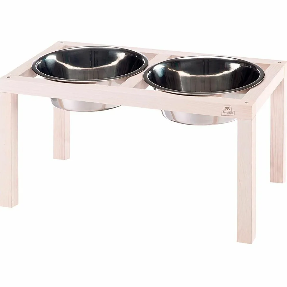 NA Gamelles Et Autres Accessoires | Ferplast support de gamelle pour chien desco wood, avec 2 gamelle en acier inoxydables - élégante gamelle en bois surélevée et