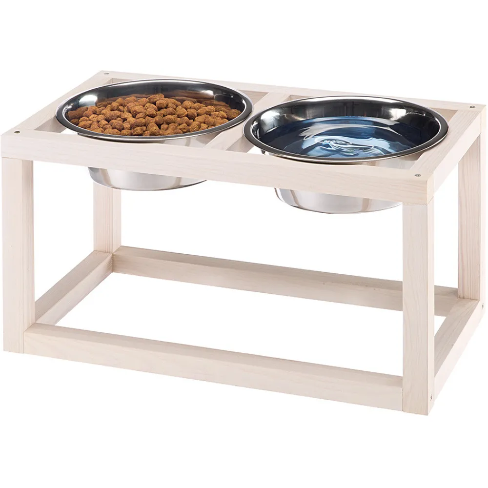 NA Gamelles Et Autres Accessoires | Ferplast support de gamelle pour chien desco wood, avec 2 gamelle en acier inoxydables - élégante gamelle en bois surélevée et