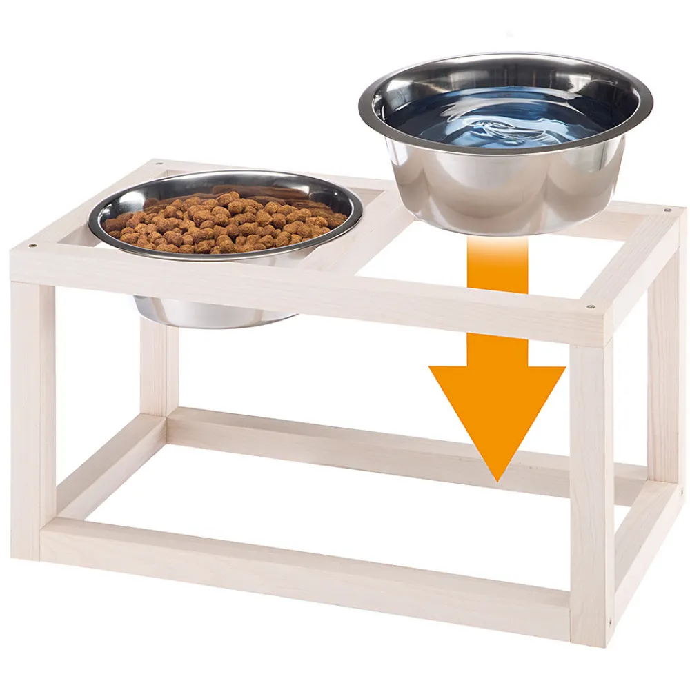 NA Gamelles Et Autres Accessoires | Ferplast support de gamelle pour chien desco wood, avec 2 gamelle en acier inoxydables - élégante gamelle en bois surélevée et