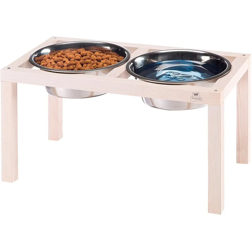 NA Gamelles Et Autres Accessoires | Ferplast support de gamelle pour chien desco wood, avec 2 gamelle en acier inoxydables - élégante gamelle en bois surélevée et
