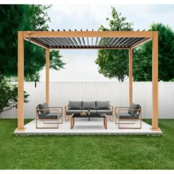 Gaya - Pergola bioclimatique - structure en aluminium et en acier - l300 x p300 x h240 cm - aspect bois Discount