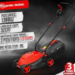 Gefroy Tondeuses | - Kit 2 en 1 tondeuse 1300w coupe 32 cm + coupe bordures 250w elem technic - tde3213cbe22 - capacité du bac récolteur: 30 l