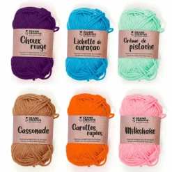 Graine Créative GRAINE CRÉATIVE - 6 fils de coton spécial crochet 55 m - rose-orange-camel-vert clair-turquoise-violet Clearance