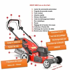Hecht - H 1802 s tondeuse à gazon électrique 5en1 1800w largeur coupe 46cm bac 50l 7hauteur de coupe 25-75mm Sale