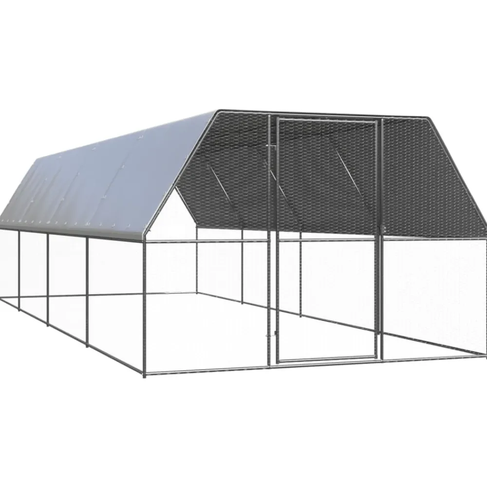Helloshop26 Poulaillers, Clapiers Et Accessoires | - Poulailler enclos cage poules d'extérieur 3 x 8 x 2 m acier galvanisé argent