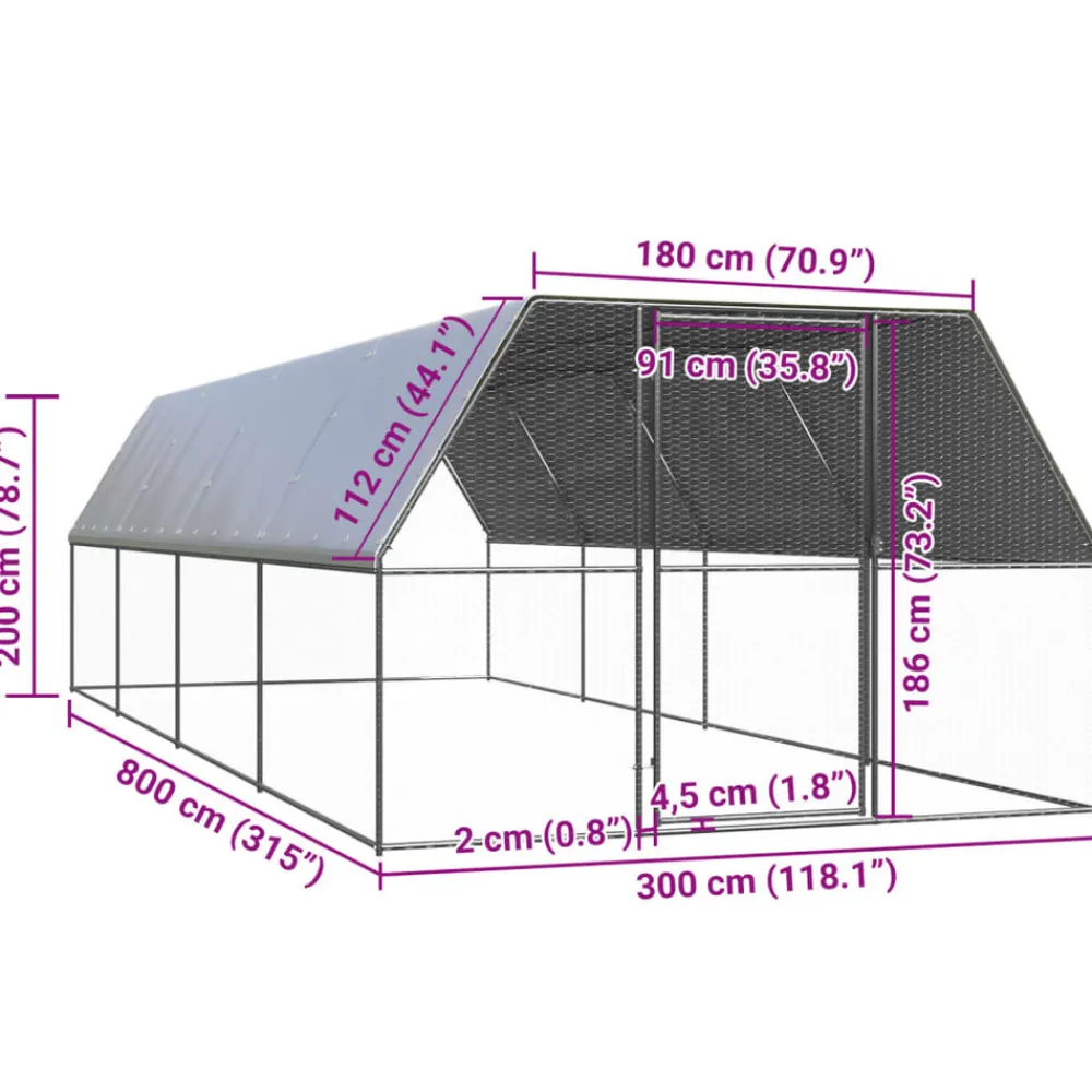 Helloshop26 Poulaillers, Clapiers Et Accessoires | - Poulailler enclos cage poules d'extérieur 3 x 8 x 2 m acier galvanisé argent