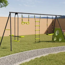 Idmarket - Balançoire 4 agrès portique avec balançoire face à face trapèze échelle panier de basket et buts de foot Discount