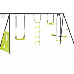 Idmarket - Balançoire 4 agrès portique avec balançoire face à face trapèze échelle panier de basket et buts de foot Discount