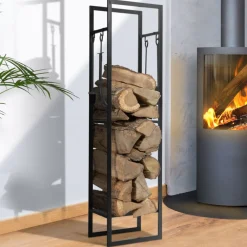 Idmarket - Range bûches vertical acier noir avec étagère et accessoires h. 170 cm pour cheminée Clearance