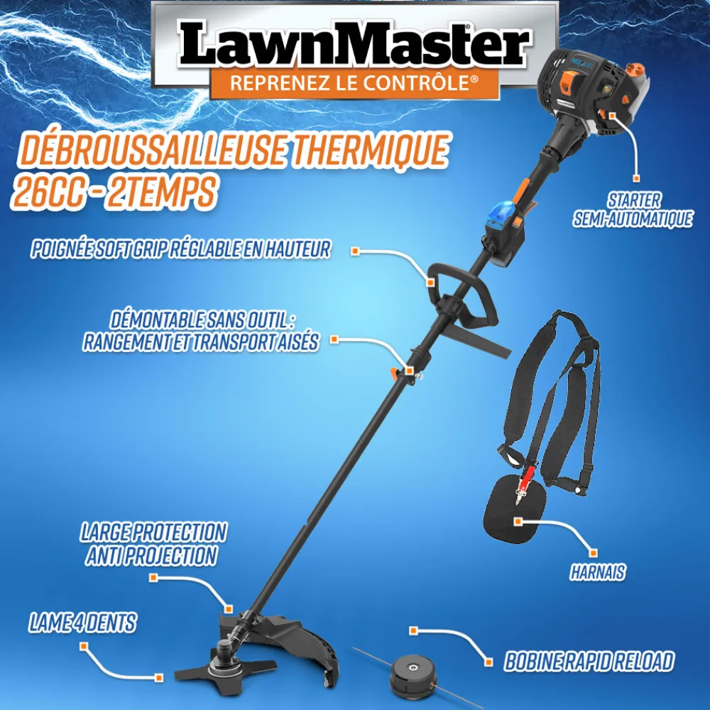 Lawnmaster Coupe-Bordures Et Débroussailleuses | - Débroussailleuse thermique 26cc avec démarrage électrique -