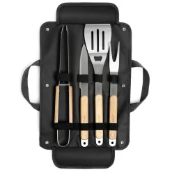 Livoo Barbecues Et Planchas | - Set de 4 accessoires pour barbecue - fourchette, pince, spatule, couteau + pochette - acier inox, finition bois gs75