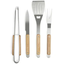 Livoo Barbecues Et Planchas | - Set de 4 accessoires pour barbecue - fourchette, pince, spatule, couteau + pochette - acier inox, finition bois gs75
