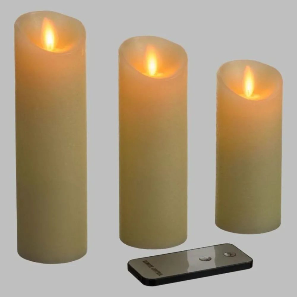Lotti Bougies, Senteurs Et Bien-Être | - Lot de 3 bougies cylindriques ø5,2cm cire couleur ivoire finition rustique rustic led blanc chaud