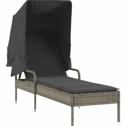 Maison Exclusive Bains De Soleil, Transats Et Hamacs | - Chaise longue avec auvent et table gris résine tressée